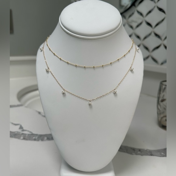 14K Solid Yellow Gold Pearl & Beaded chain Dainty layered Necklace!
